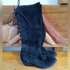 Sofft Sharnell Size 8 Waterproof Black Suede  Knee-High Lace-Up Boots 1.5" Heel